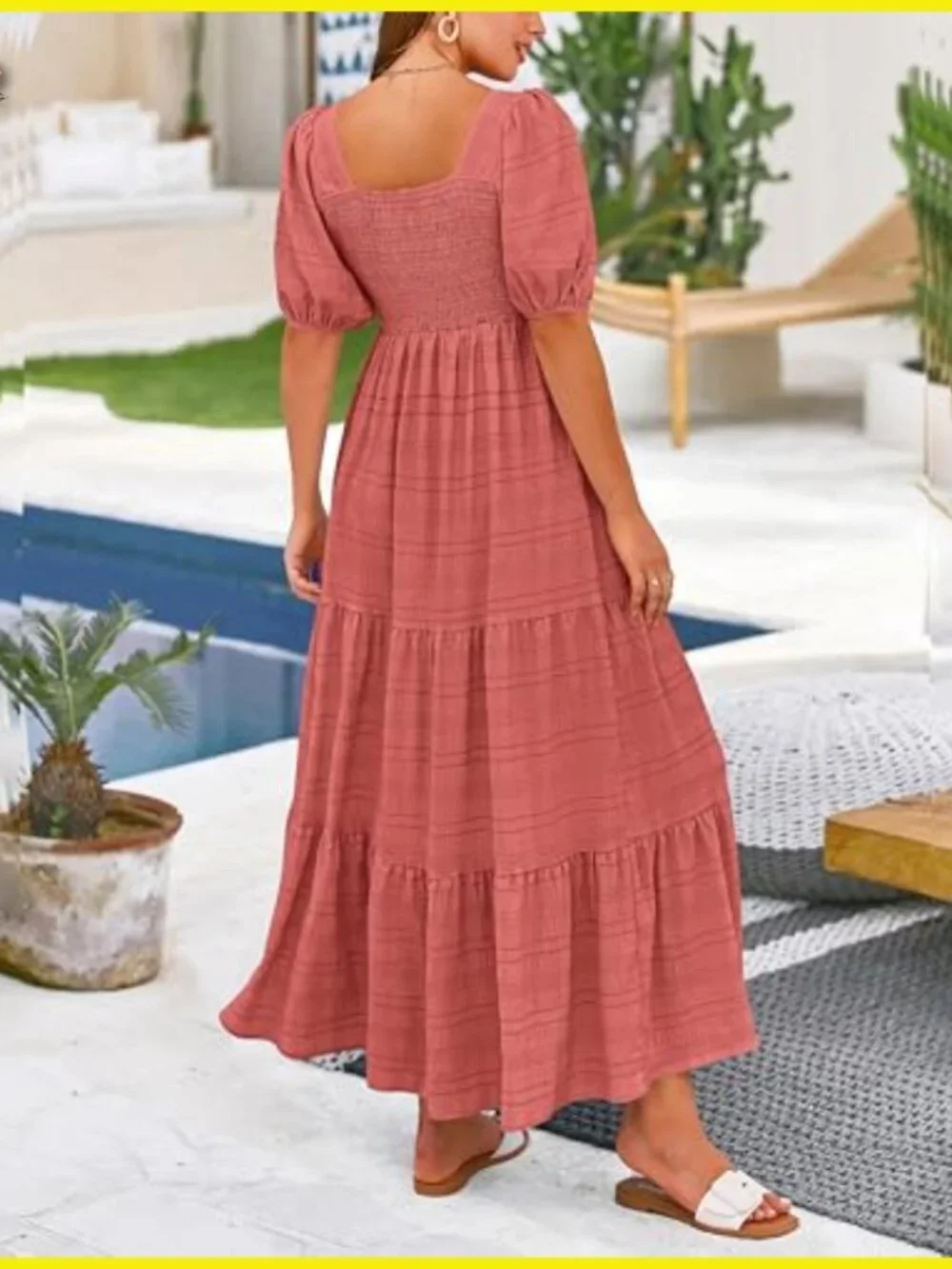 Puff Sleeve Square Neck Smocked A-Line Midi Dress Flowy Boho Chic - Picture 5 of 7